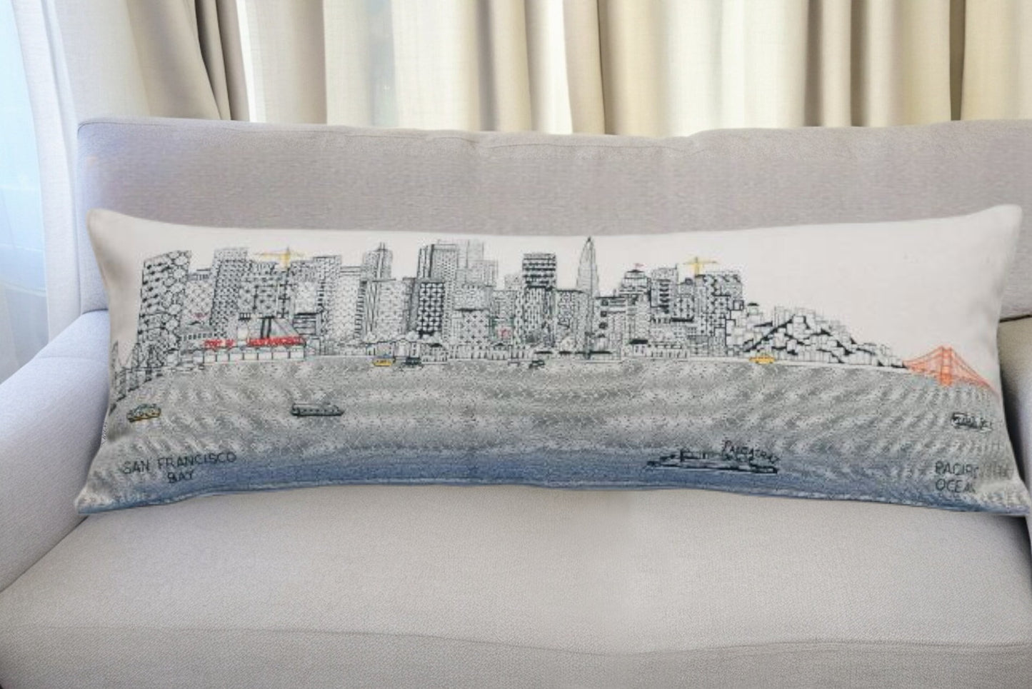 35" White San Francisco Daylight Skyline Lumbar Decorative Pillow