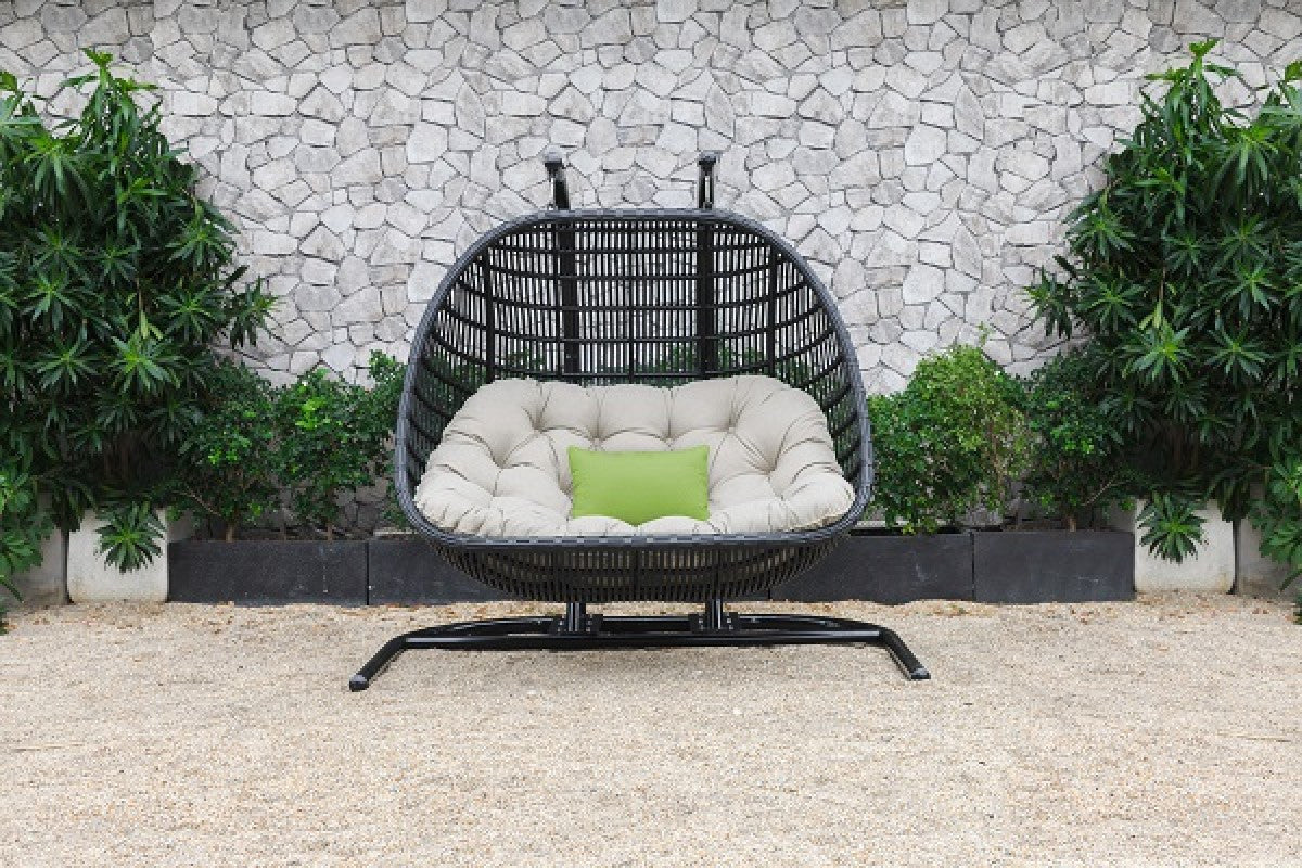 69" Beige and Black Aluminum Indoor Outdoor Swing Chair with Beige Cushion