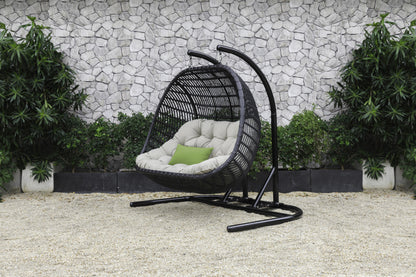 69" Beige and Black Aluminum Indoor Outdoor Swing Chair with Beige Cushion