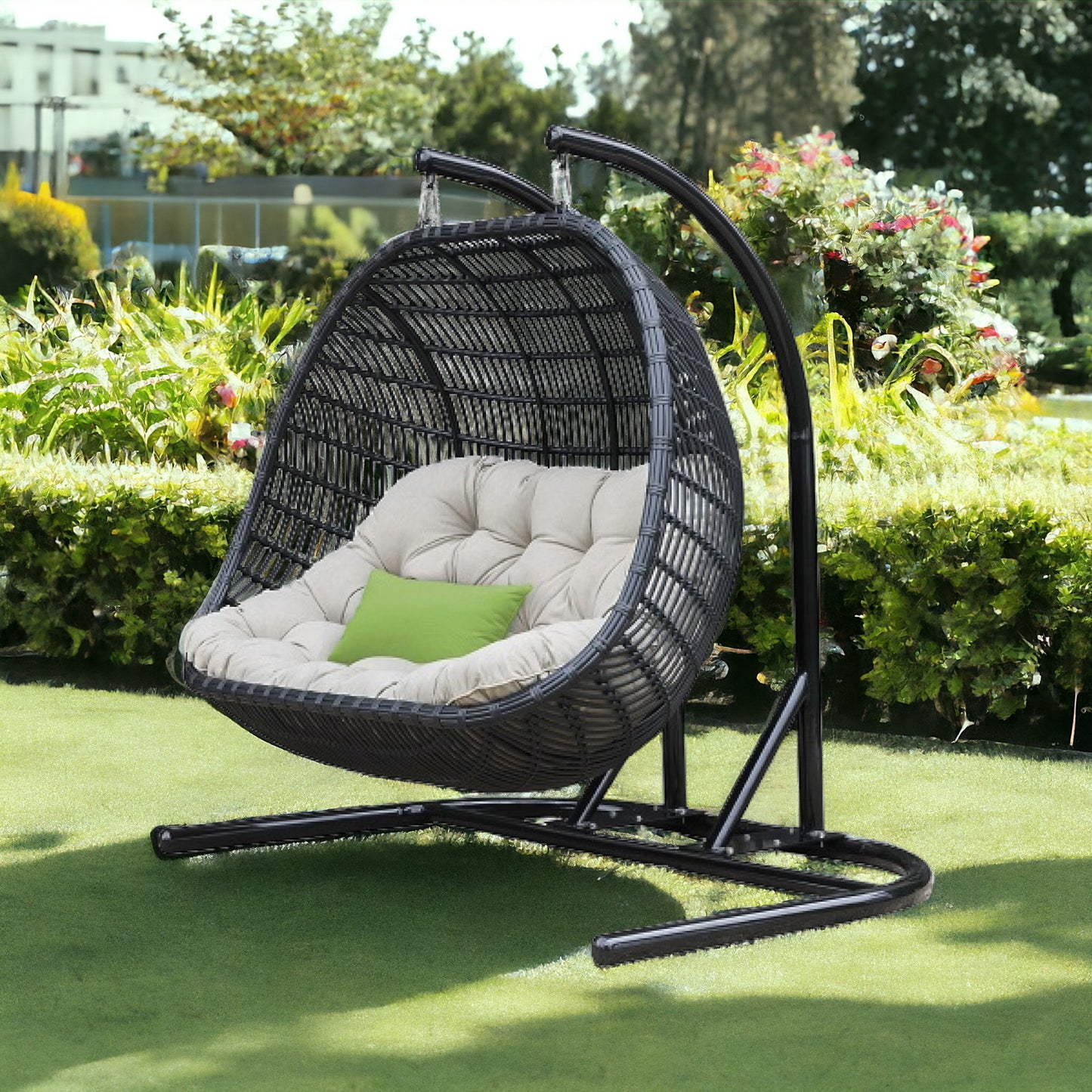 69" Beige and Black Aluminum Indoor Outdoor Swing Chair with Beige Cushion