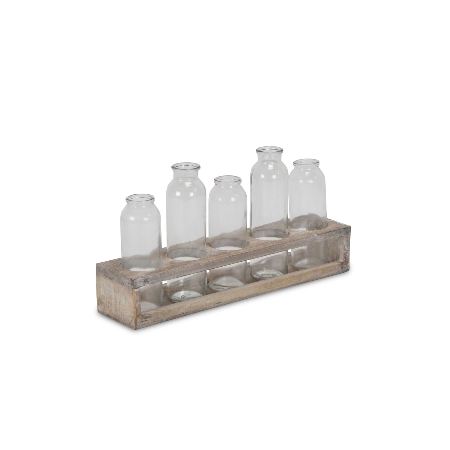 Set of Six Clear Glass Decorative Bottles and Wood Stand