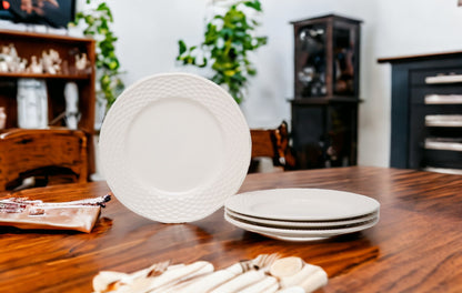 White Four Piece Round Weave Stoneware Service For Four Salad Plate Set