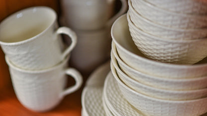 White Four Piece Round Weave Stoneware Service For Four Bowl Set