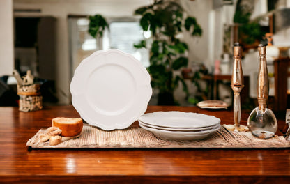 White Four Piece Scallop Stoneware Service For Four Dinner Plate Set