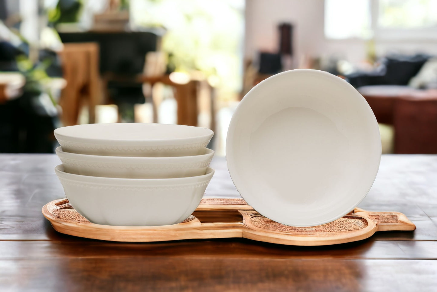 White Four Piece Round Scallop Stoneware Service For Four Bowl Set