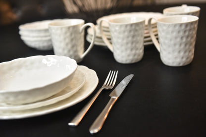 White Six Piece Round Pebbled Porcelain Service For Six Bowl Set