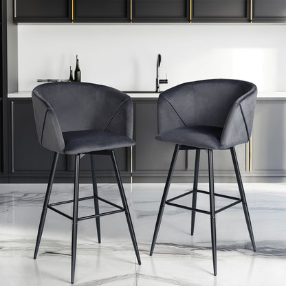 Set of Two 28" Gray And Black Velvet And Steel Low Back Bar Height Bar Chairs