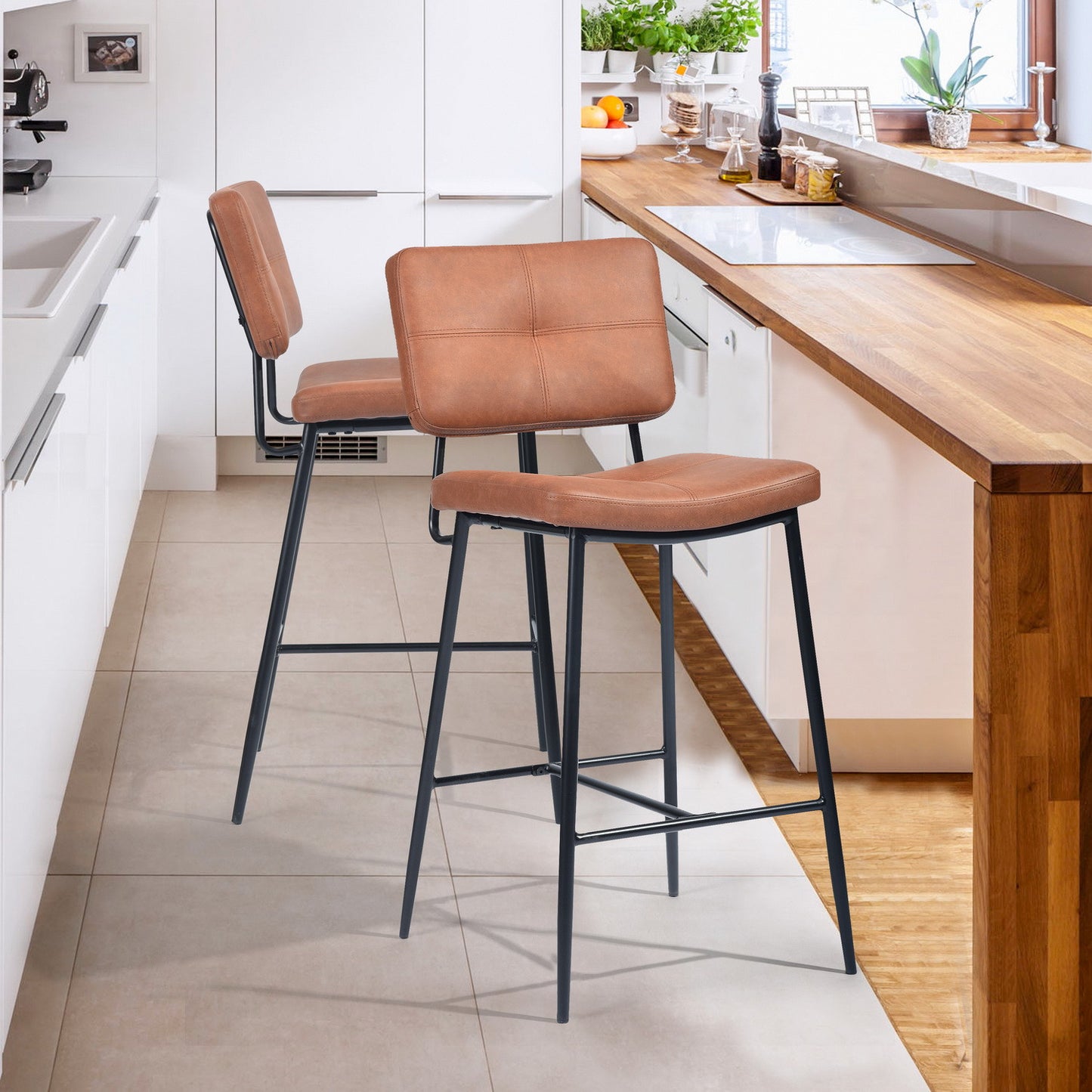 Set of Two 27" Camel And Black Faux Leather And Steel Low Back Counter Height Bar Chairs