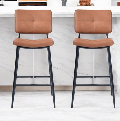 Set of Two 27" Camel And Black Faux Leather And Steel Low Back Counter Height Bar Chairs