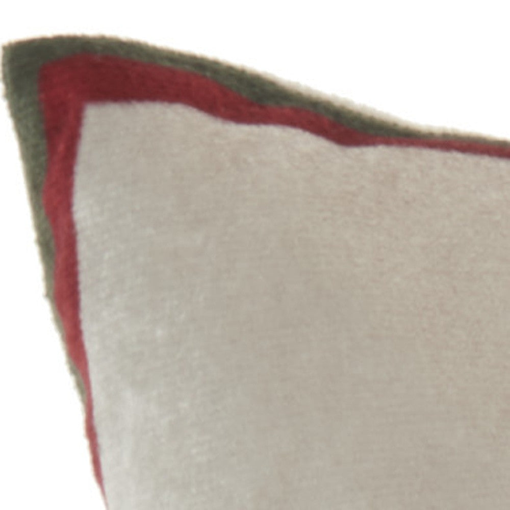 18" X 18" Cream Red And Green Zippered Handmade Polyester Christmas Throw Pillow