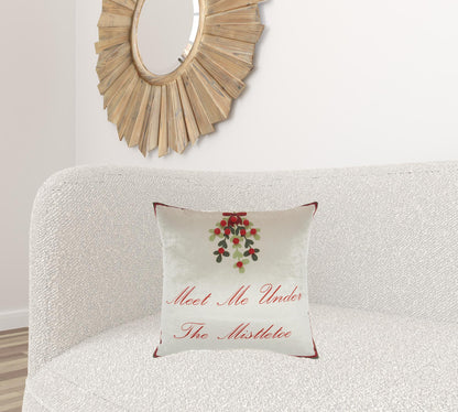 18" X 18" Cream Red And Green Zippered Handmade Polyester Christmas Throw Pillow