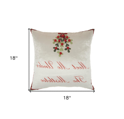 18" X 18" Cream Red And Green Zippered Handmade Polyester Christmas Throw Pillow