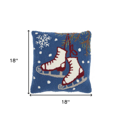 18" X 18" Blue Brown Red And White Blown Seam Polyester Christmas Throw Pillow