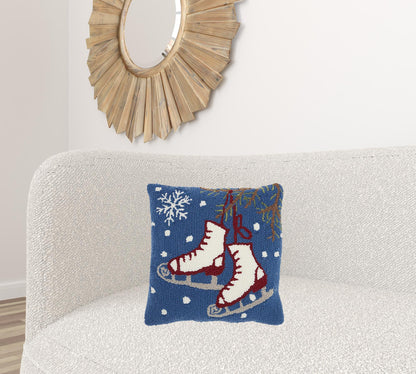 18" X 18" Blue Brown Red And White Blown Seam Polyester Christmas Throw Pillow