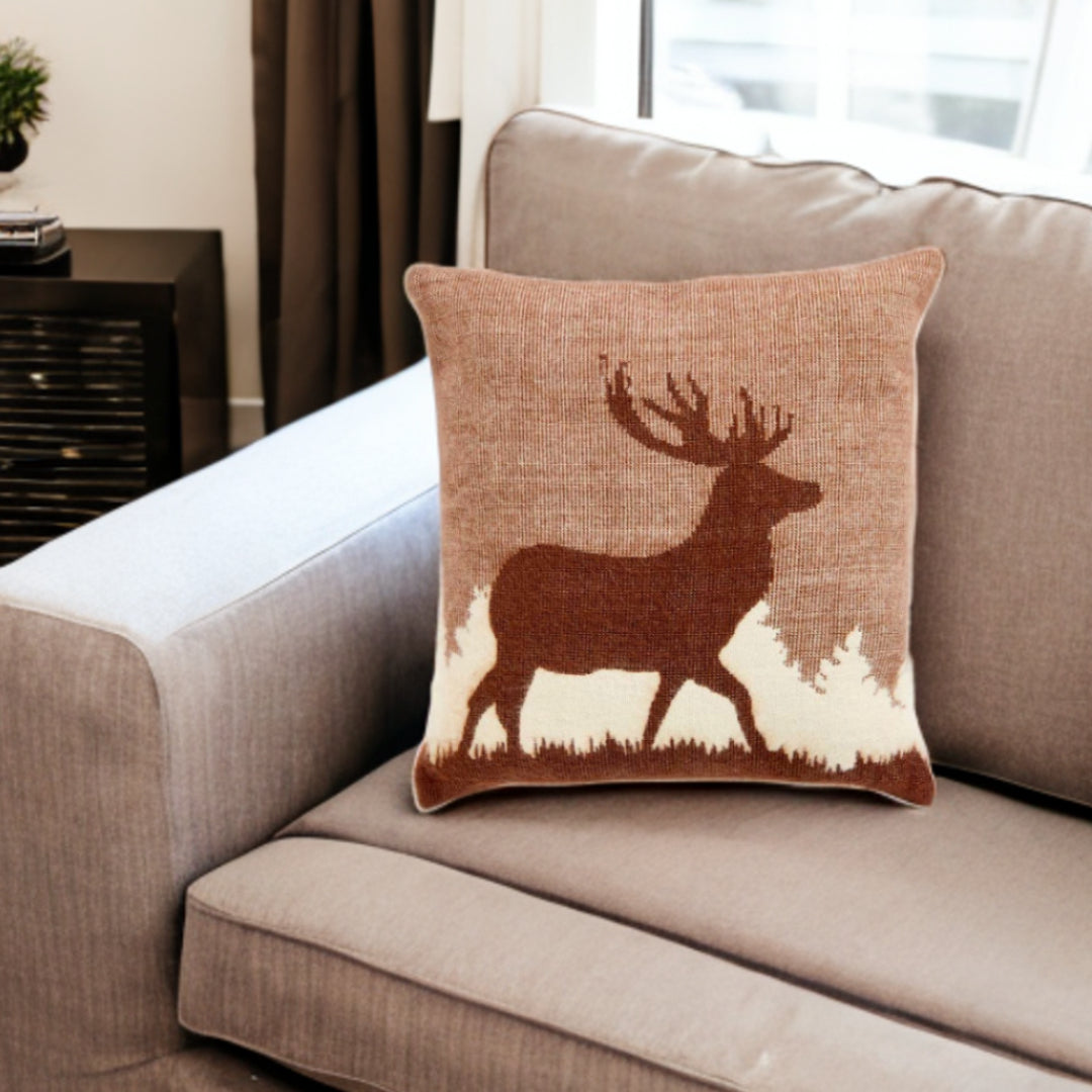 16" Brown and White Deer Acrylic Throw Pillow Cover