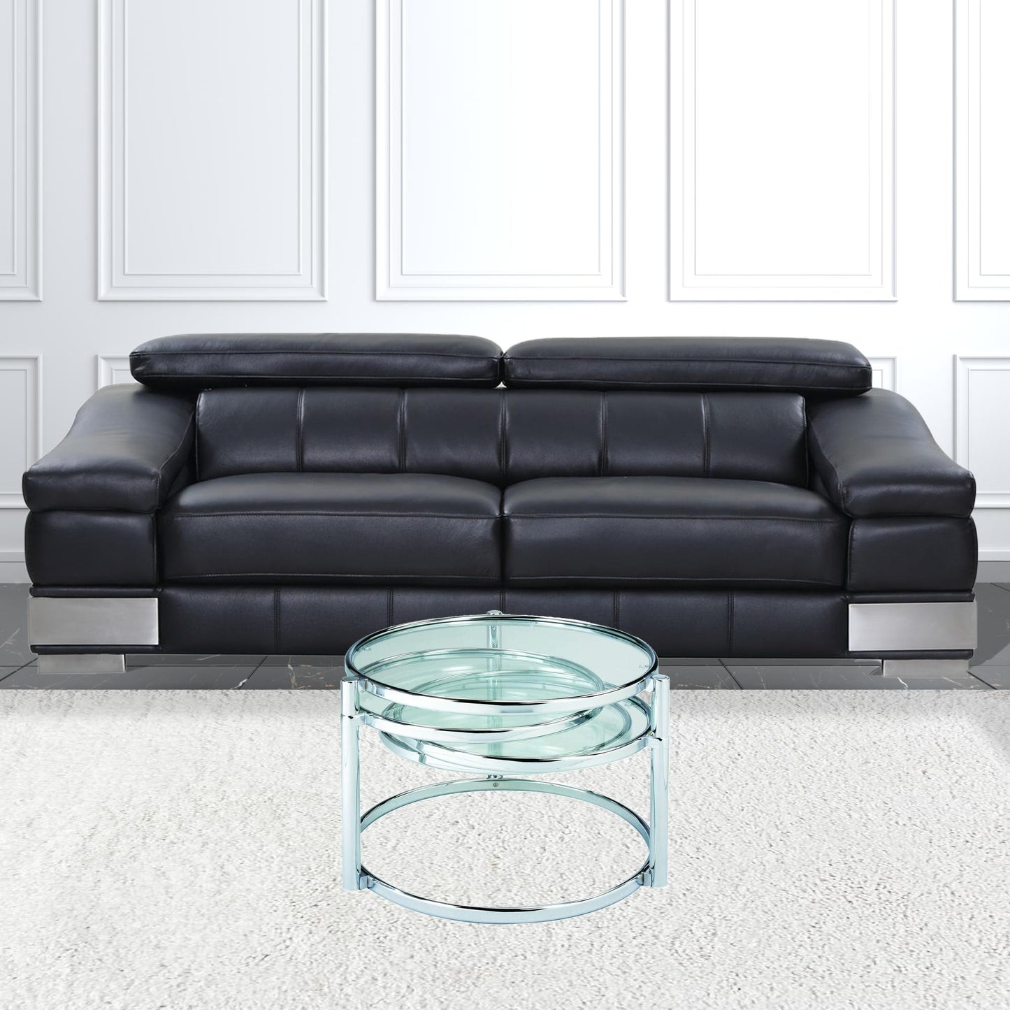 60" Clear And Silver Glass And Steel Round Nested Coffee Tables With Three Shelves