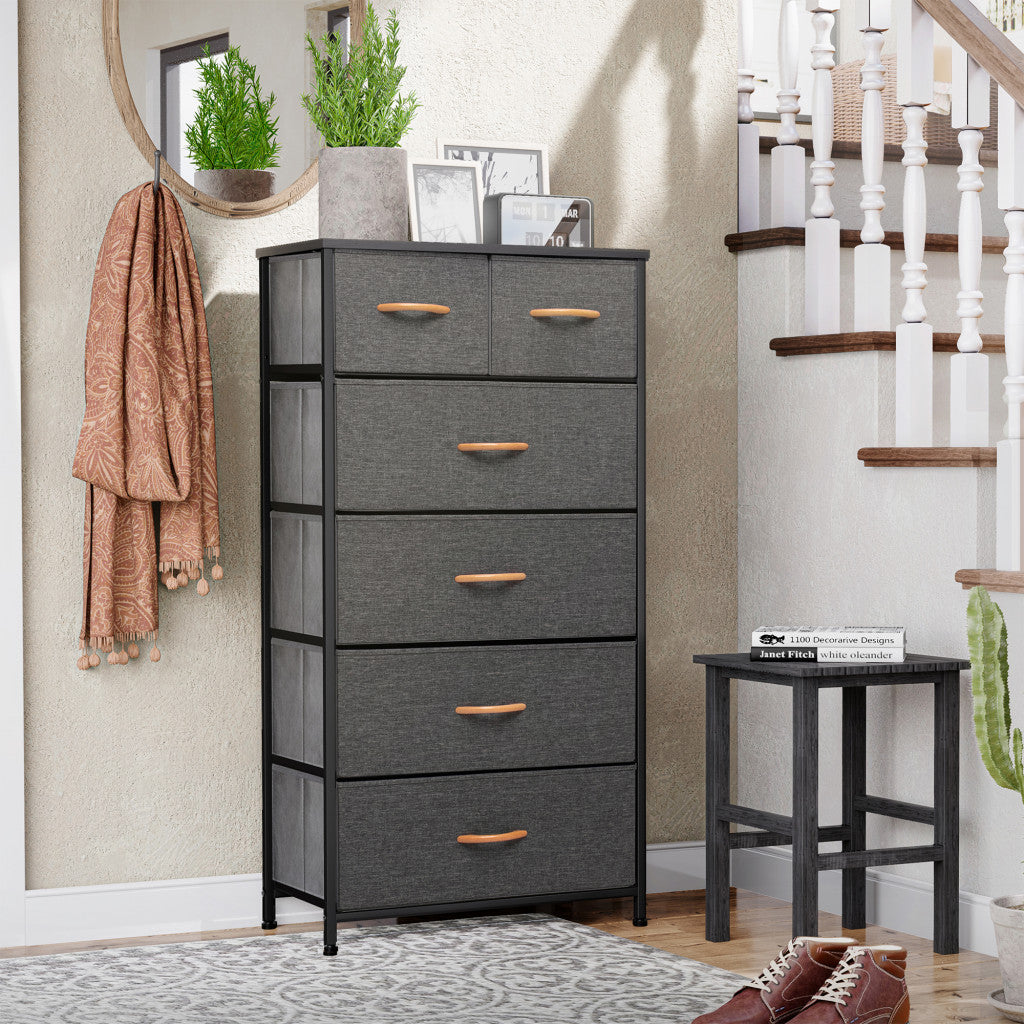 23" Gray and Black Steel and Fabric Six Drawer Chest