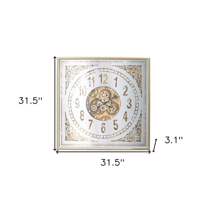 32" Square Gold and Silver Wood and Mirror Analog Exposed Gear Wall Clock