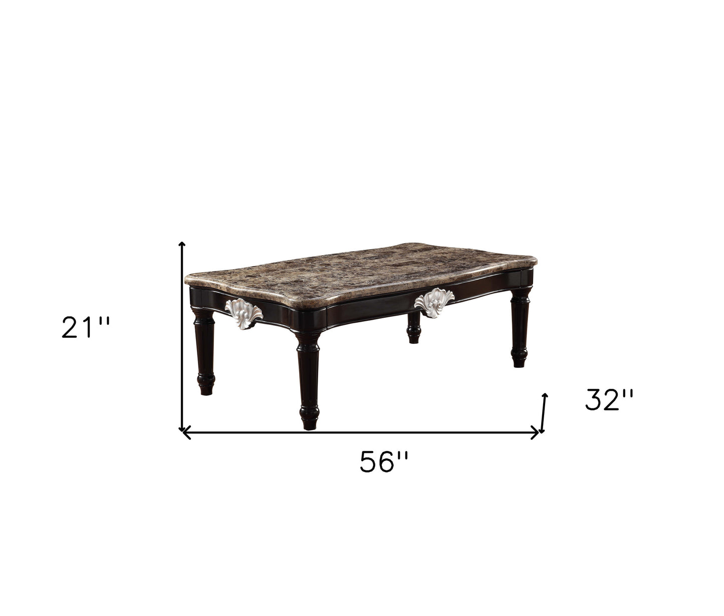 56" Brown And Black Faux Marble And Solid And Manufactured Wood Coffee Table