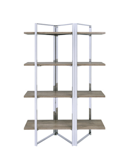 72" Brown and Silver Metal Four Tier Etagere Bookcase