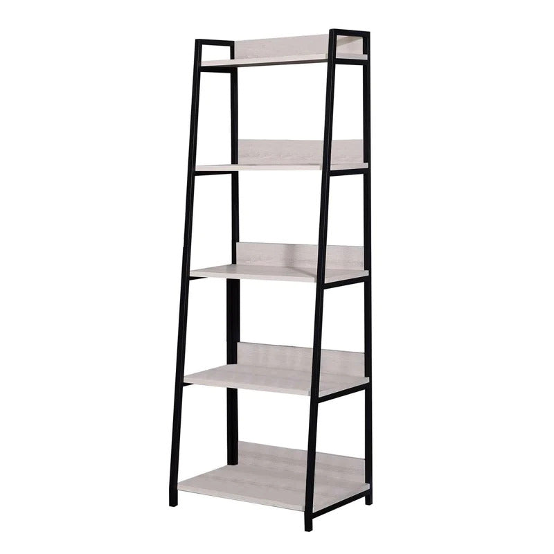 67" Natural and Black Metal Five Tier Ladder Bookcase