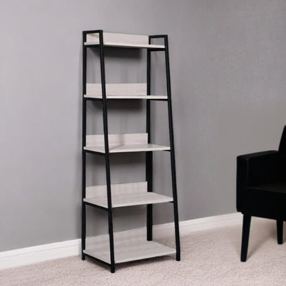 67" Natural and Black Metal Five Tier Ladder Bookcase