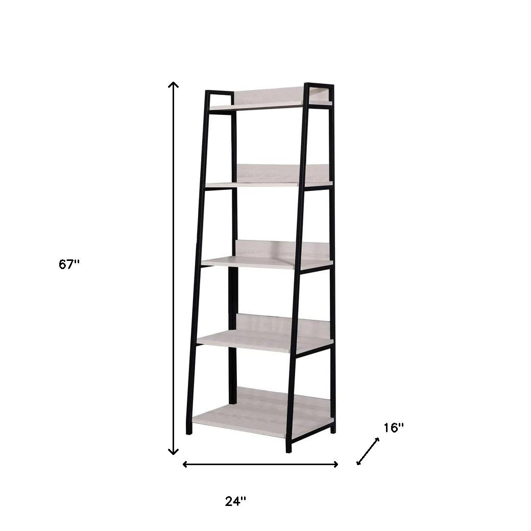 67" Natural and Black Metal Five Tier Ladder Bookcase