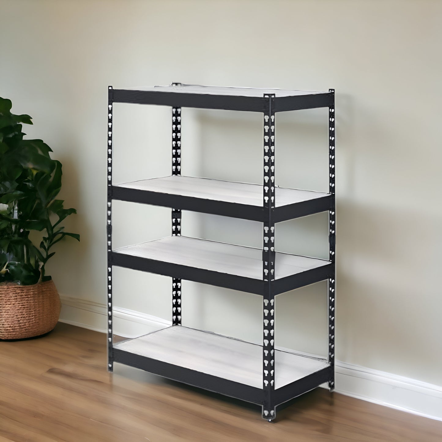 48" Brown and Black Metal Adjustable Four Tier Bookcase