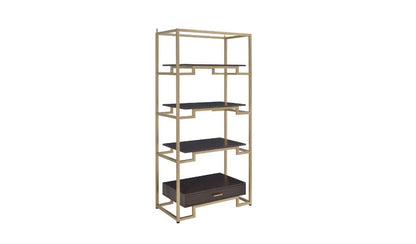 78" Gold and Black Metal Four Tier Etagere Bookcase with a Drawer