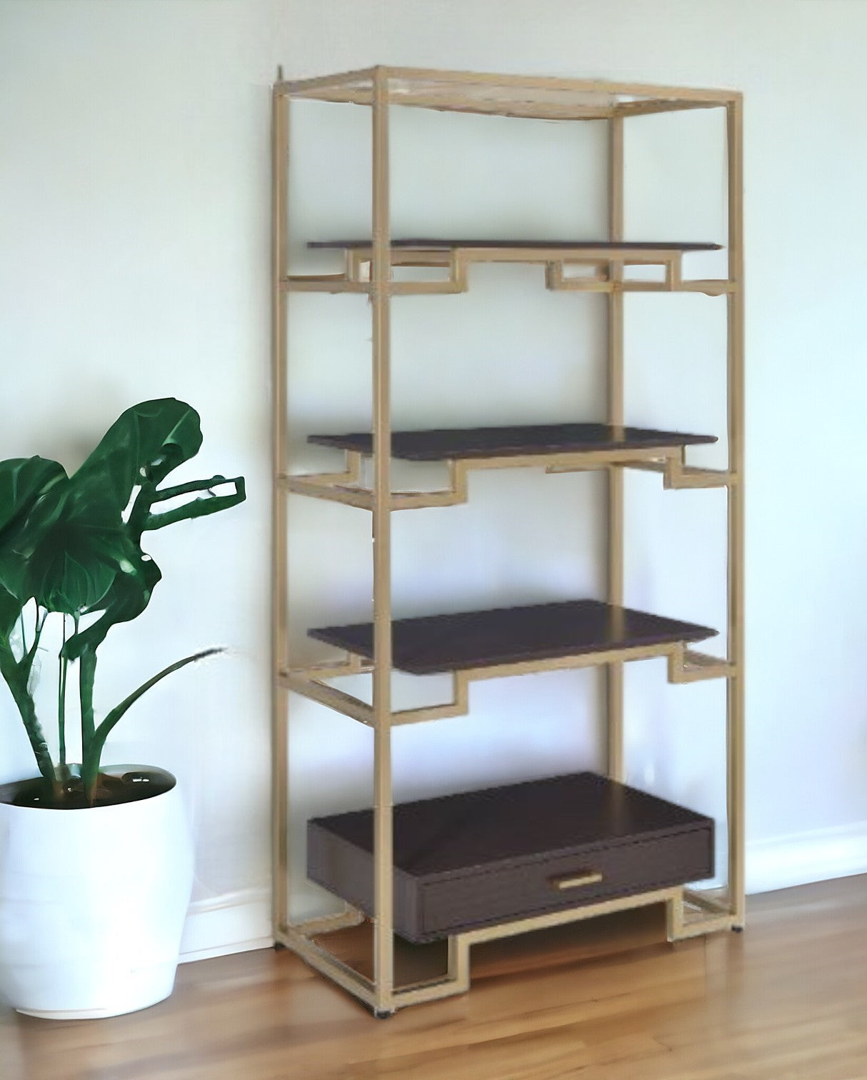 78" Gold and Black Metal Four Tier Etagere Bookcase with a Drawer