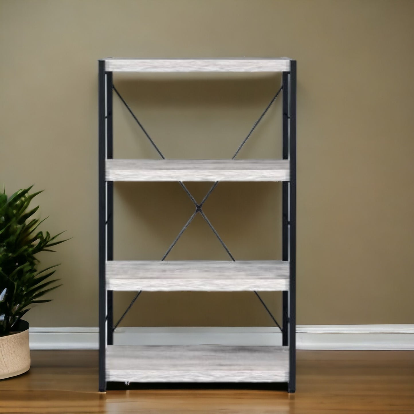 43" Antiqued White Metal Four Tier Etagere Bookcase