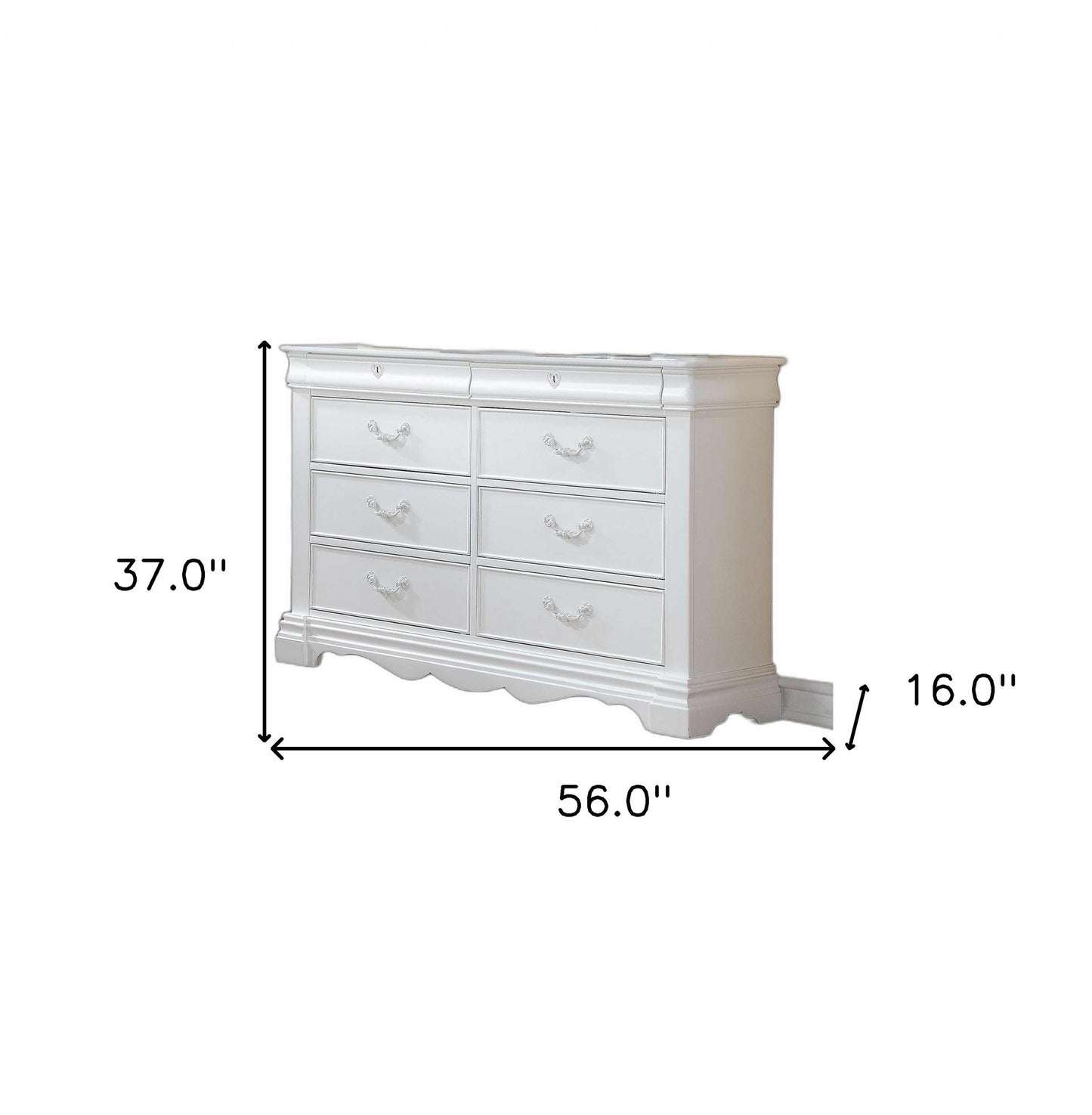 56" White Solid Wood Eight Drawer Double Dresser