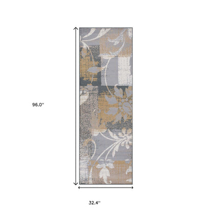 8' Beige And Gray Floral Power Loom Distressed Stain Resistant Runner Rug