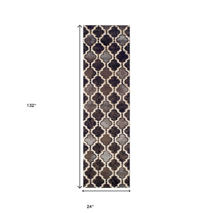 11' Chocolate Quatrefoil Power Loom Distressed Stain Resistant Runner Rug