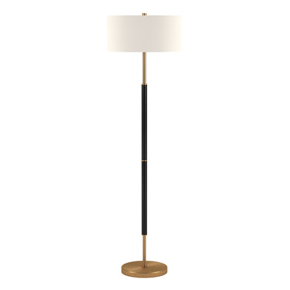 61" Black and Brass Two Light Floor Lamp With White Drum Shade