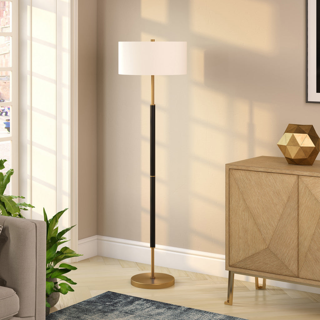 61" Black and Brass Two Light Floor Lamp With White Drum Shade