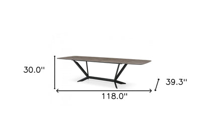 118" Gray And Black Ceramic And Metal Trestle Base Dining Table