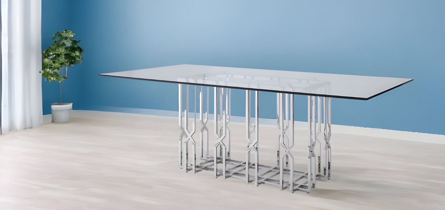 87" Clear And Silver Glass And Stainless Steel Pedestal Base Dining Table