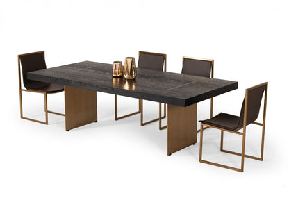 95" Dark Brown And Brass Metal Sled Base Dining Table