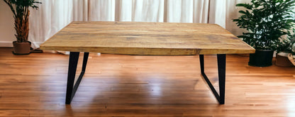 63" Natural And Black Solid Wood And Iron Sled Base Dining Table