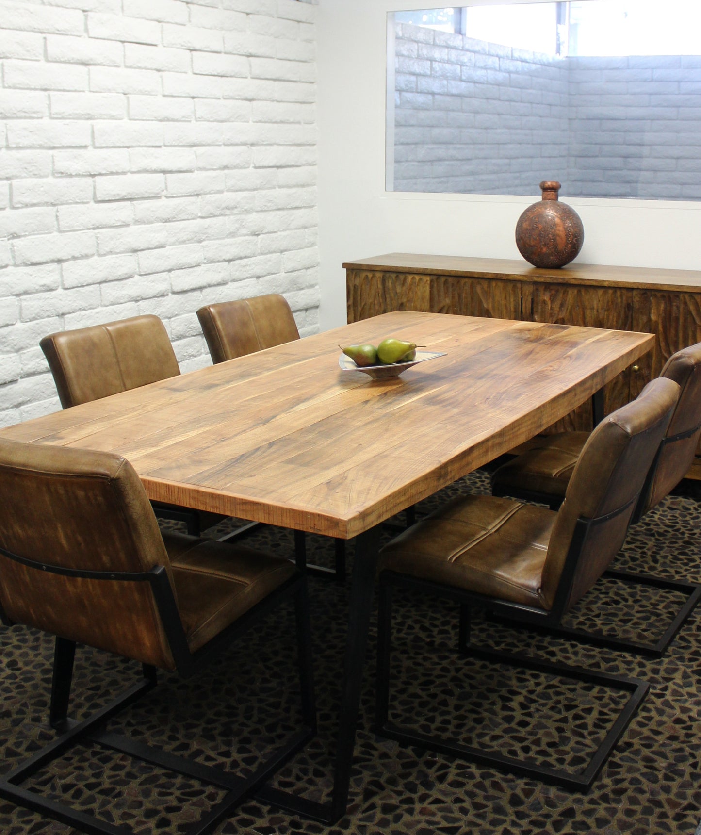 84" Natural And Black Solid Wood And Iron Sled Base Dining Table