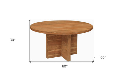 60" Natural Rounded Solid Wood Pedestal Base Dining Table