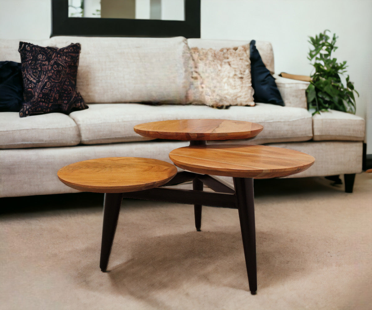 35" Black And Natural Brown Solid Wood Round Distressed Coffee Table