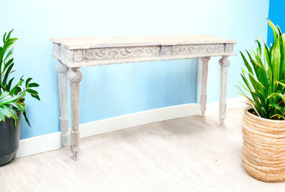 54" White Solid Wood Distressed Console Table