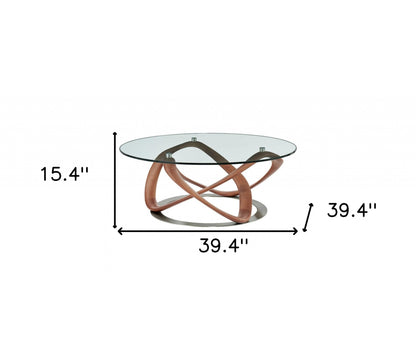 39" Clear And Brown Glass And Solid Wood Round Coffee Table