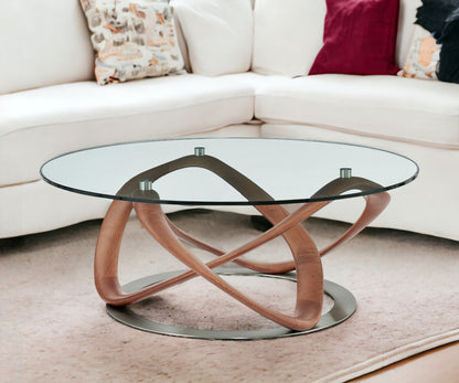 39" Clear And Brown Glass And Solid Wood Round Coffee Table