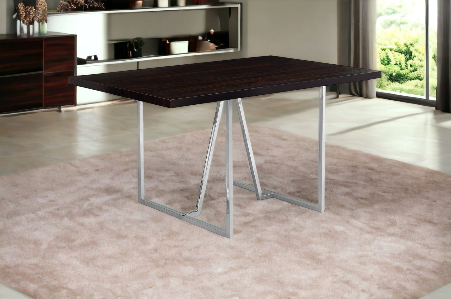 60" Espresso And Silver Solid Wood And Metal Pedestal Base Dining Table