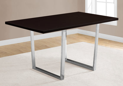 59" Espresso And Silver Solid Wood And Metal Sled Base Dining Table