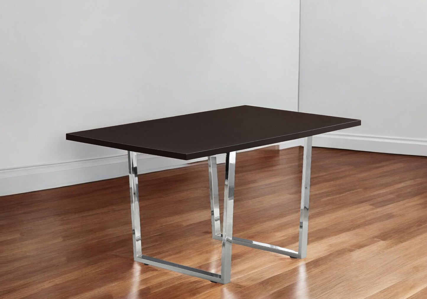 59" Espresso And Silver Solid Wood And Metal Sled Base Dining Table