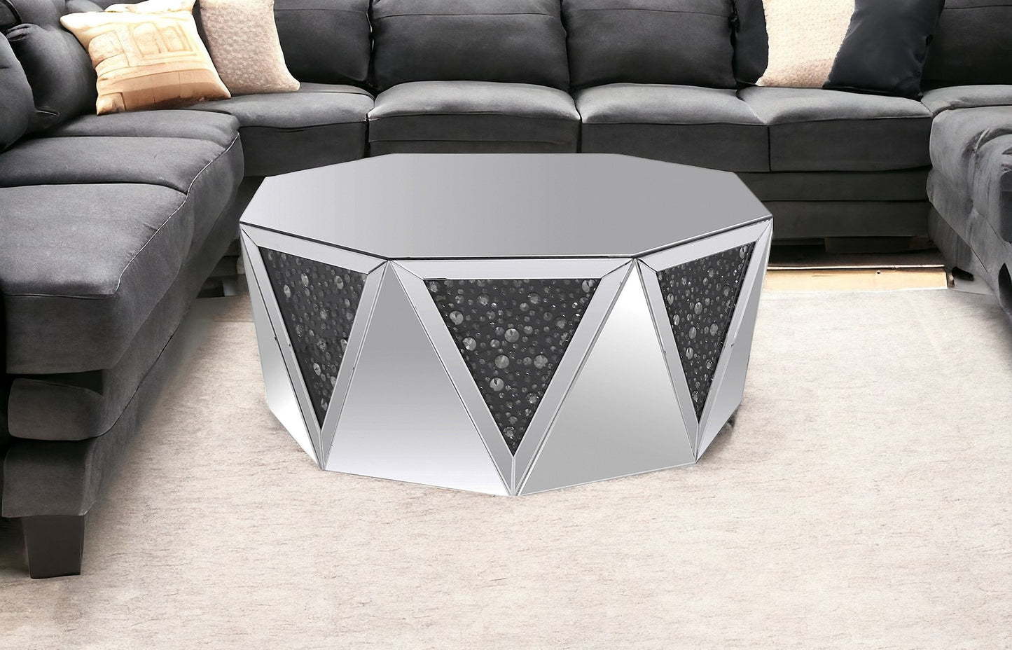 41" Silver Glass Octagon Mirrored Coffee Table